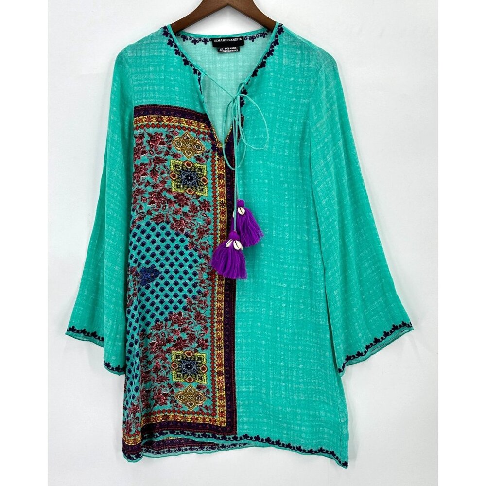 Hemant & Nandita Tunic Dress Womens Long Sleeve Tasseled Silk Sea Green Multi XS